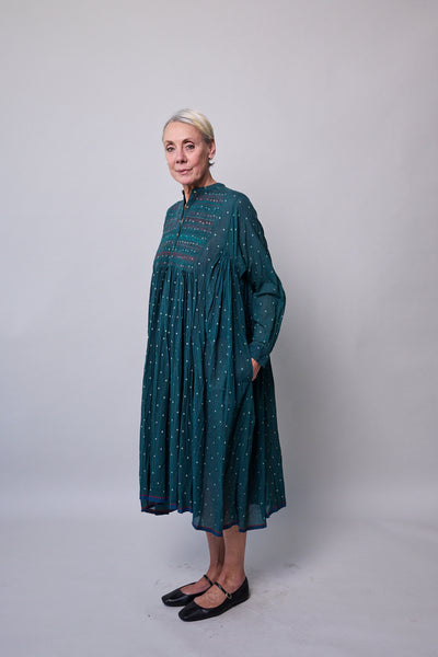 EMERALD POLKA DRESS, GREEN COTTON