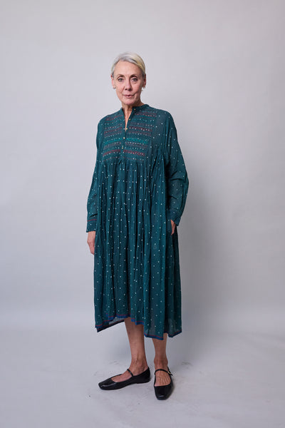 EMERALD POLKA DRESS, GREEN COTTON