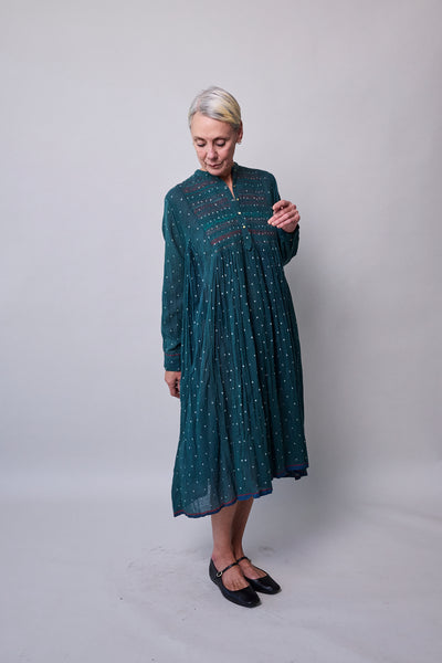 EMERALD POLKA DRESS, GREEN COTTON