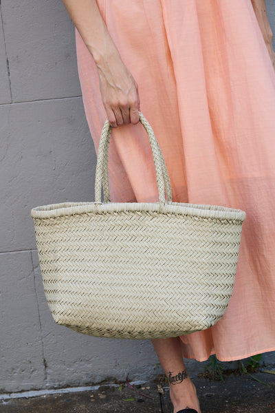 TRIPLE JUMP LARGE WOVEN TOTE BASKET, IVORY LEATHER  DRAGON DIFFUSION