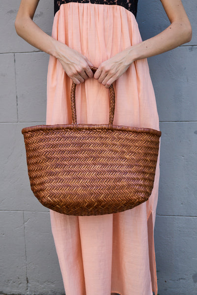 TRIPLE JUMP LARGE WOVEN TOTE BASKET, TAN BROWN LEATHER  DRAGON DIFFUSION