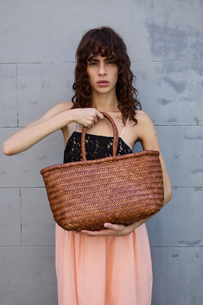 TRIPLE JUMP LARGE WOVEN TOTE BASKET, TAN BROWN LEATHER  DRAGON DIFFUSION