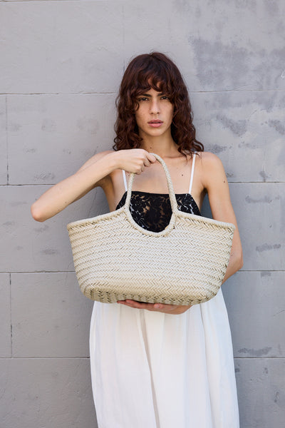 NANTUCKET LARGE WOVEN TOTE BASKET, IVORY LEATHER  DRAGON DIFFUSION