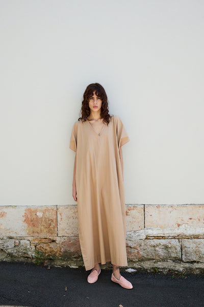 PALM KAFTAN DRESS, TAN COTTON POPLIN