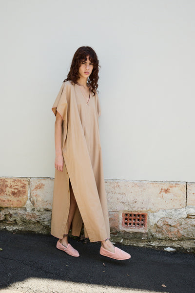 PALM KAFTAN DRESS, TAN COTTON POPLIN