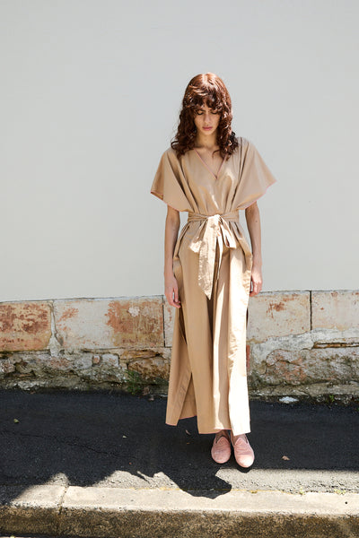 PALM KAFTAN DRESS, TAN COTTON POPLIN