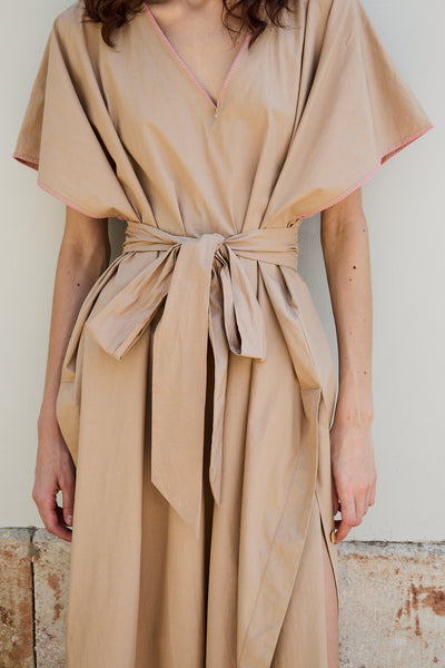 PALM KAFTAN DRESS, TAN COTTON POPLIN