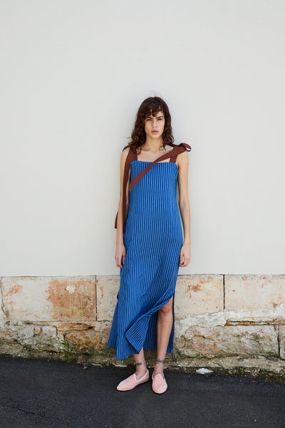 RIBBON DRESS, BLUE HANDLOOM COTTON