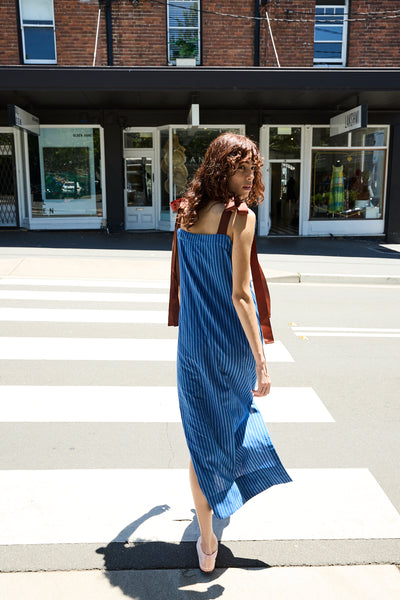 RIBBON DRESS, BLUE HANDLOOM COTTON