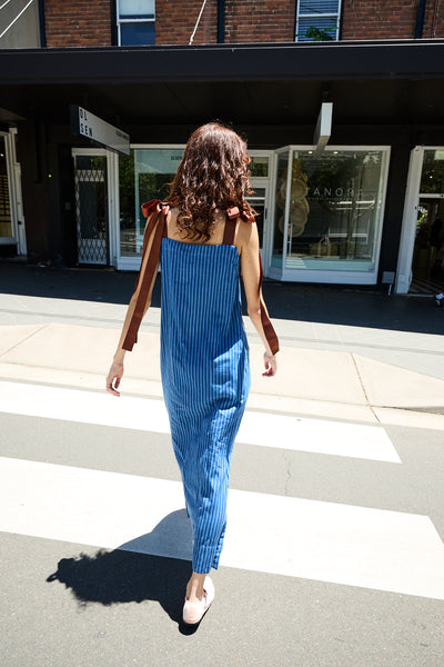 RIBBON DRESS, BLUE HANDLOOM COTTON