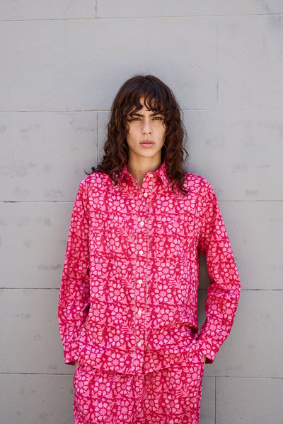 FRANGIPANI SHIRT, PINK BLOCKPRINT COTTON