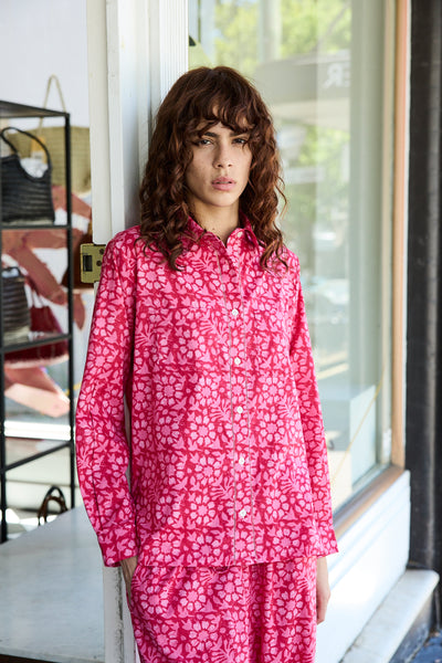 FRANGIPANI SHIRT, PINK BLOCKPRINT COTTON