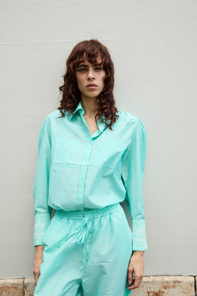 LOTUS SHIRT, AQUA COTTON SILK