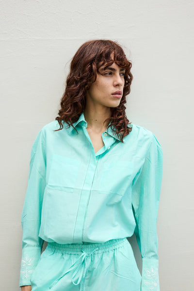 LOTUS SHIRT, AQUA COTTON SILK