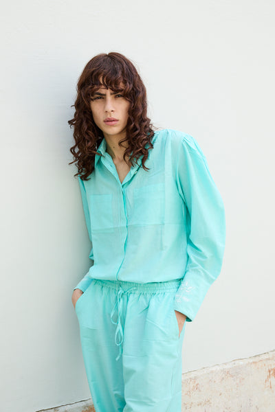 LOTUS SHIRT, AQUA COTTON SILK