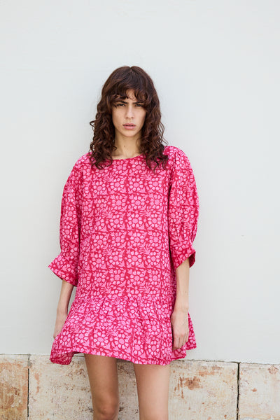 FRANGIPANI MINI DRESS, PINK BLOCKPRINT COTTON