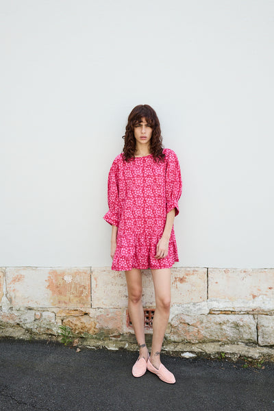 FRANGIPANI MINI DRESS, PINK BLOCKPRINT COTTON