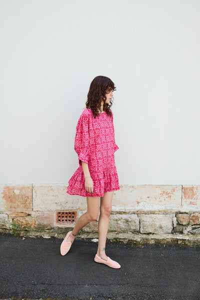 FRANGIPANI MINI DRESS, PINK BLOCKPRINT COTTON