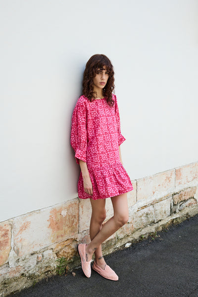 FRANGIPANI MINI DRESS, PINK BLOCKPRINT COTTON