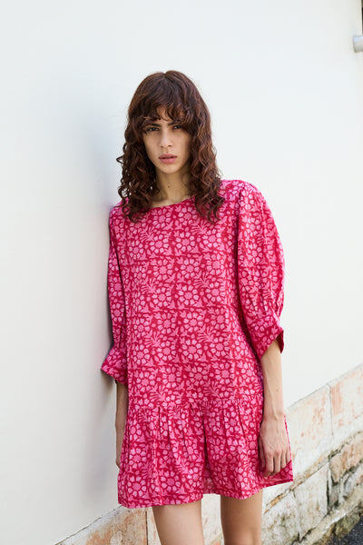 FRANGIPANI MINI DRESS, PINK BLOCKPRINT COTTON