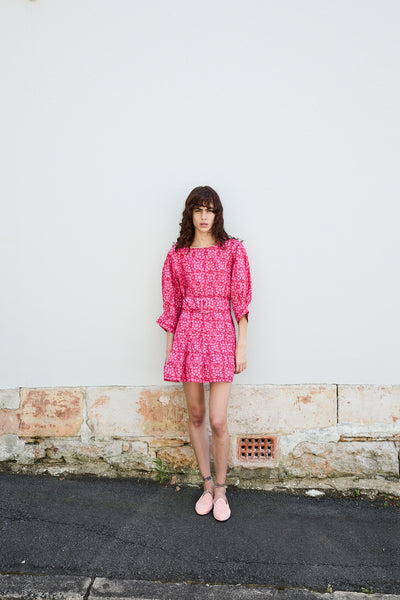 FRANGIPANI MINI DRESS, PINK BLOCKPRINT COTTON