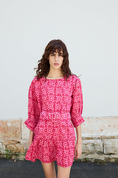 FRANGIPANI MINI DRESS, PINK BLOCKPRINT COTTON