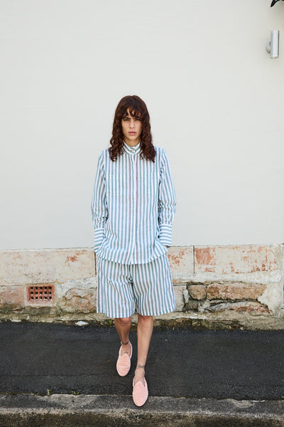 NEEM HAND LOOM LONG SHORTS, GREEN STRIPE COTTON