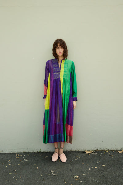 IRIS DRESS, PURPLE MULTICOLOR COTTON SILK