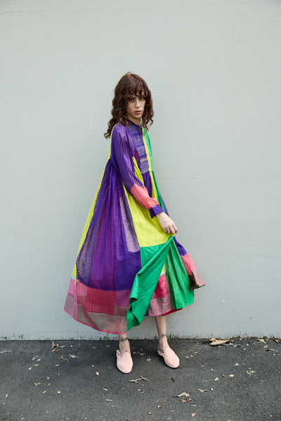 IRIS DRESS, PURPLE MULTICOLOR COTTON SILK