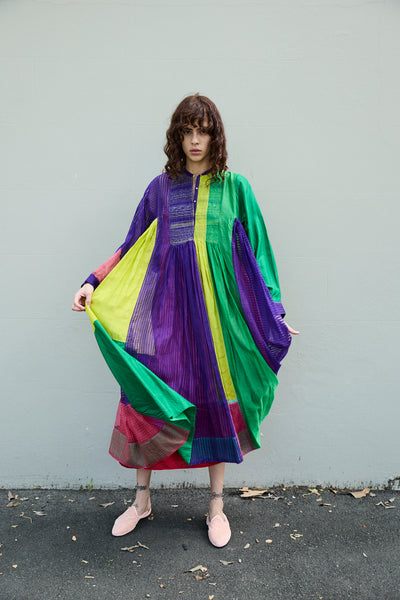 IRIS DRESS, PURPLE MULTICOLOR COTTON SILK