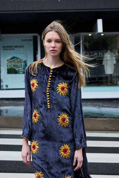 SUNFLOWER TUNIC, CHARCOAL SILK VELVET