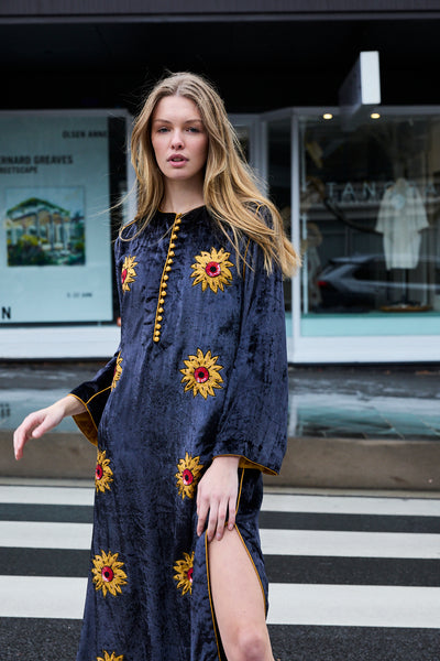 SUNFLOWER TUNIC, CHARCOAL SILK VELVET