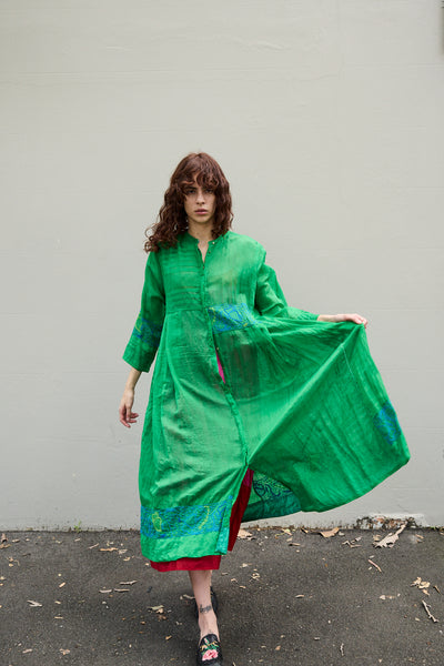 ALOE CHIKAN DRESS, GREEN // BLUE COTTON SILK