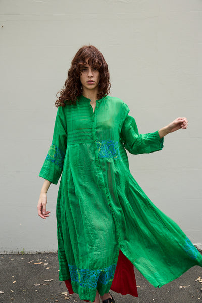 ALOE CHIKAN DRESS, GREEN // BLUE COTTON SILK