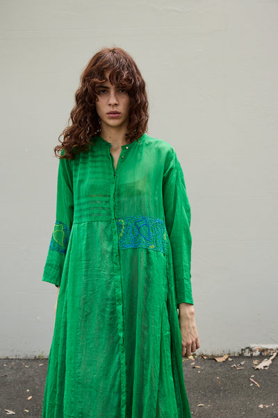 ALOE CHIKAN DRESS, GREEN // BLUE COTTON SILK