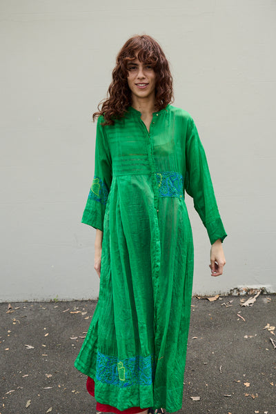 ALOE CHIKAN DRESS, GREEN // BLUE COTTON SILK