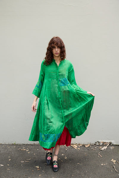 ALOE CHIKAN DRESS, GREEN // BLUE COTTON SILK