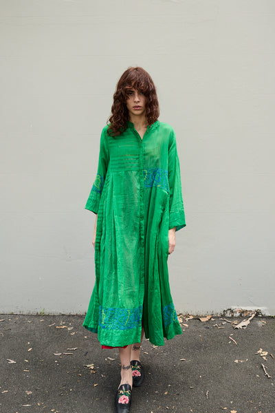 ALOE CHIKAN DRESS, GREEN // BLUE COTTON SILK