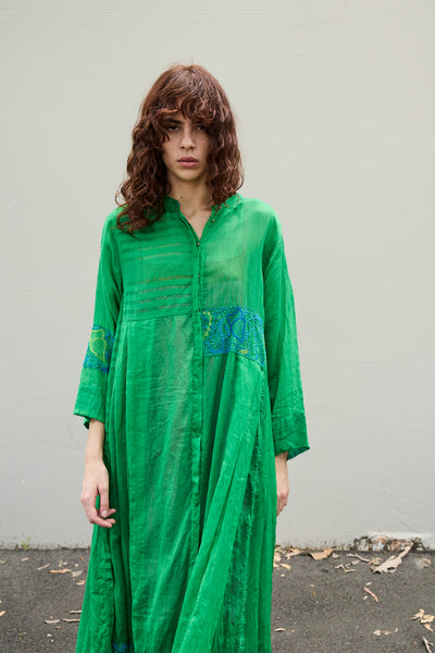 ALOE CHIKAN DRESS, GREEN // BLUE COTTON SILK