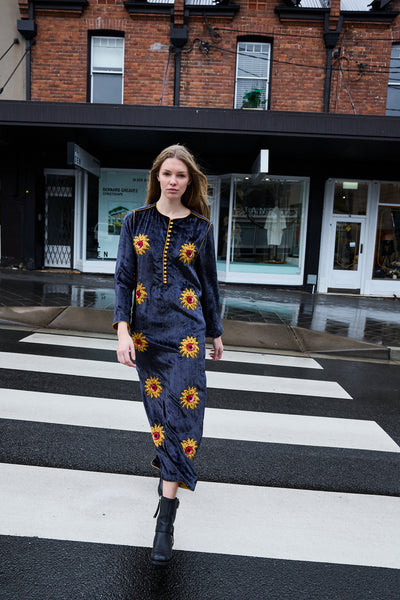 SUNFLOWER TUNIC, CHARCOAL SILK VELVET