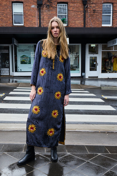 SUNFLOWER TUNIC, CHARCOAL SILK VELVET