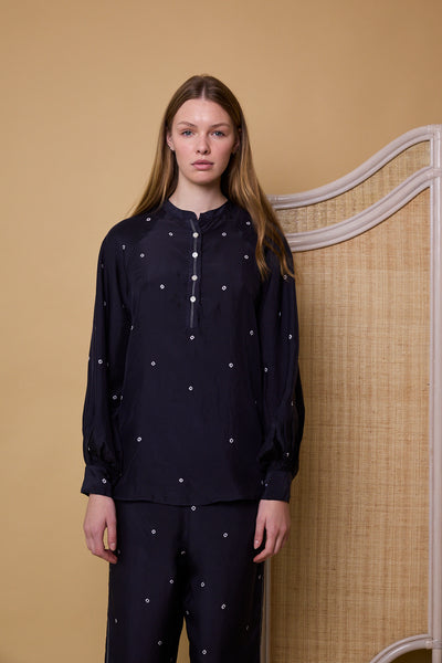 MIDNIGHT POLKA SHIRT, NAVY SILK