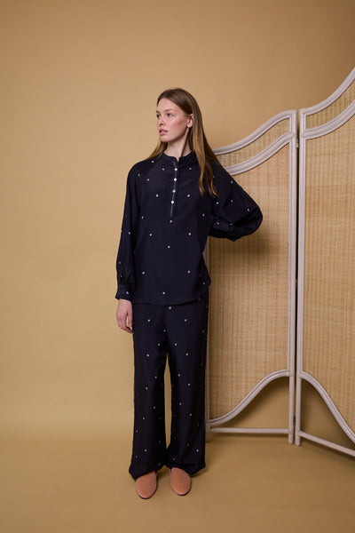 MIDNIGHT POLKA SHIRT, NAVY SILK