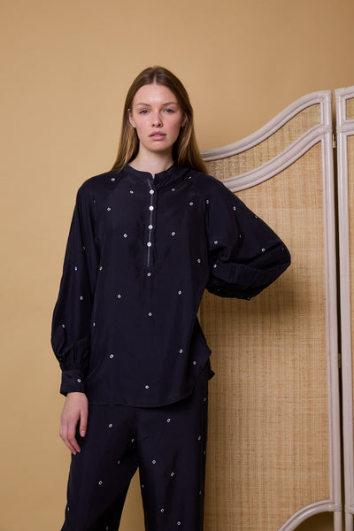 MIDNIGHT POLKA SHIRT, NAVY SILK