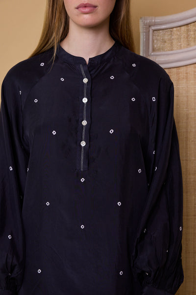 MIDNIGHT POLKA SHIRT, NAVY SILK