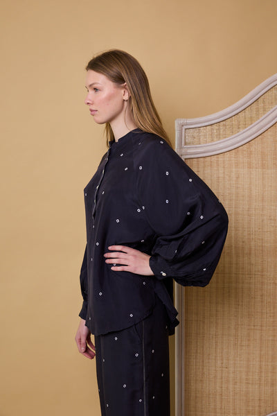 MIDNIGHT POLKA SHIRT, NAVY SILK