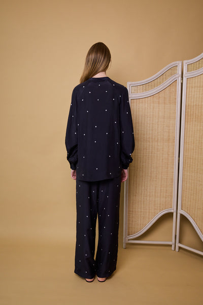 MIDNIGHT POLKA SHIRT, NAVY SILK