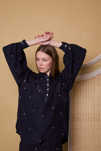 MIDNIGHT POLKA SHIRT, NAVY SILK