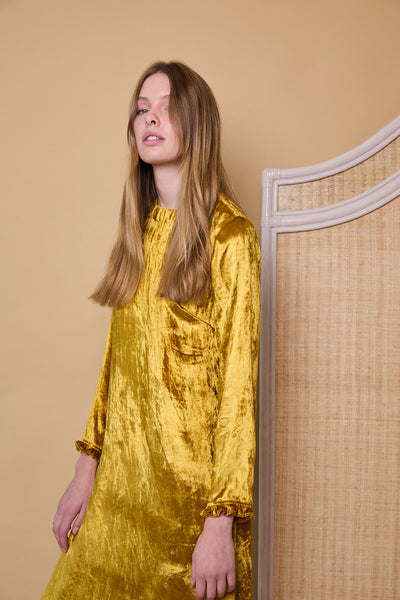 SURYA SWING DRESS, GOLD SILK VELVET