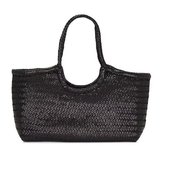 NANTUCKET LARGE WOVEN TOTE BASKET, BLACK LEATHER  DRAGON DIFFUSION